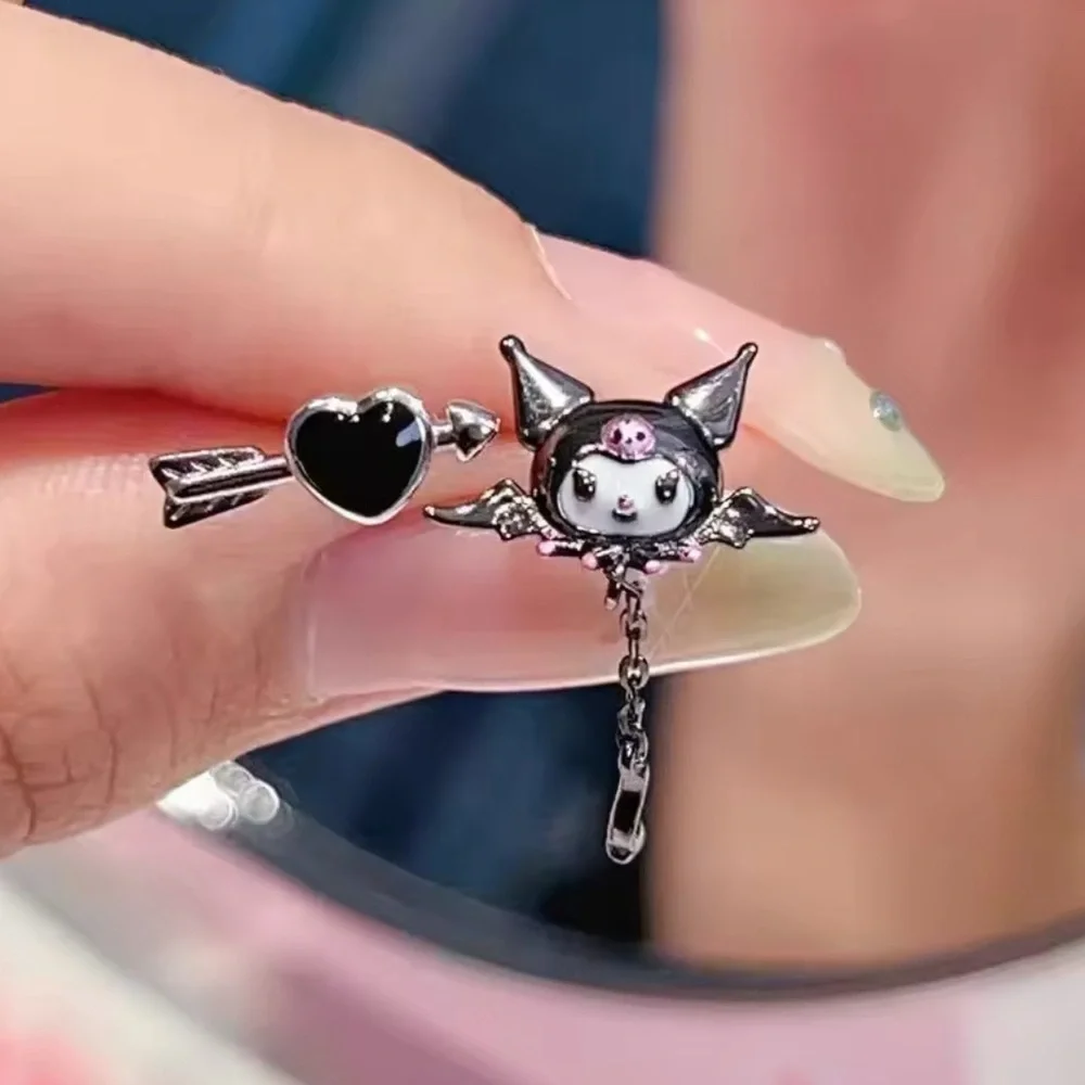 925 Sterling Silver Plated Kuromi Bat Wings Arrow & Heart Mismatch Stud Earrings
